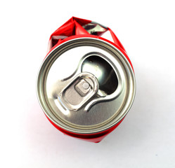 open metal can from a carbonated drink, white background, macro