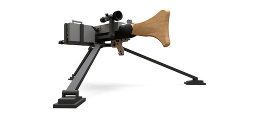 Large machine gun on a tripod with a full cassette ammunition on a white background. 3d ilustration.