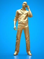 Fototapeta na wymiar Gold figure of a black man talking on the phone. 3d rendering.