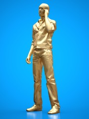 Gold figure of a black man talking on the phone. 3d rendering.