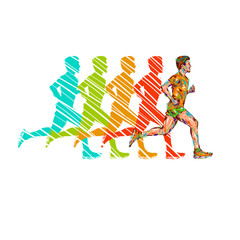 Running marathon, people run, colorful poster illustration man sketch hand drawing sport