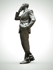 Obraz premium Plastic figure of a black man in a suit talking on the phone. 3d rendering.