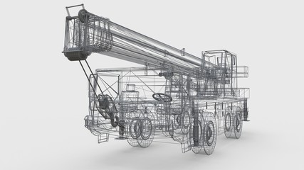 Mesh mobile crane. Three-dimensional illustration. 3d rendering.