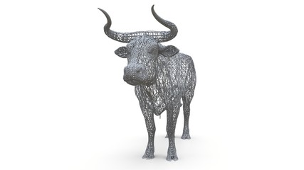 Three-dimensional mesh model of a bull. The static figure of a calm animal. A sculpture of a bull of the polygonal frame. 3d illustration.