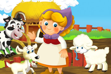 cartoon scene with happy woman working on the farm - standing and smiling illustration for children