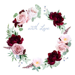 Dusty rose, burgundy red peony, camellia, greenery vector