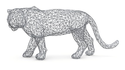 The figure of a tiger is made of a spatial polygonal grid. Animal symbol of 2022. 3d illustration.