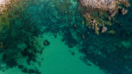 Aerial. View from the sky of the beach of Ingrina Villa to Bishpo. Portugal Algarve