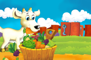 Cartoon farm scene with animal goat having fun - illustration for children