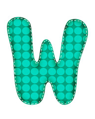 Letters of English alphabet and numbers from stitched rags of multi-colored weaving. Isolated objects on white background