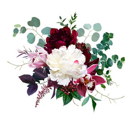 Pink cymbidium orchid flower, burgundy red and white peony