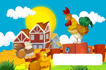 Cartoon farm happy scene with standing rooster and hen farm birds with frame for text - illustration for children