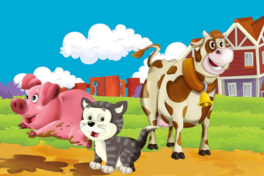 cartoon scene with cat having fun on the farm - illustration for children © honeyflavour