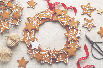 Gingerbread cookies wreath and Christmas decorations