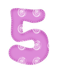 Letters of English alphabet and numbers from stitched rags of multi-colored weaving. Isolated objects on white background