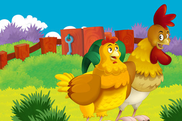 Obraz na płótnie Canvas Cartoon farm happy scene with standing rooster and hen farm birds - illustration for children