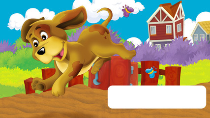 cartoon scene with dog on a farm having fun with frame for text - illustration for children