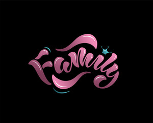 Family - vector illustration with hand lettering. Isolated phrase. Glossy text on black. For banner, poster, logotype, flyer, brochure, interior design. For family photo album, photo studio