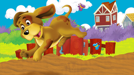 Obraz na płótnie Canvas cartoon scene with dog on a farm having fun - illustration for children