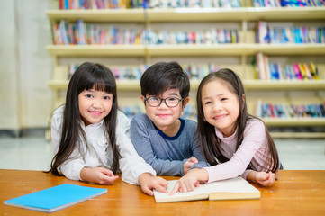 Asian Kids Reading Book in School Library with a Shelf of Book in Background, Asian Kid Education Concept - 304708616