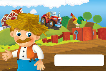 cartoon scene with happy man working on the farm - standing and smiling with frame for text illustration for children