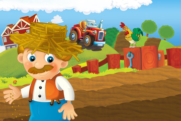 cartoon scene with happy man working on the farm - standing and smiling illustration for children