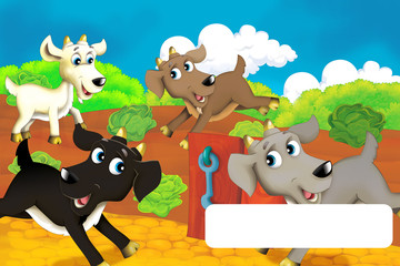 Cartoon farm scene with animal goat having fun with space for text - illustration for children