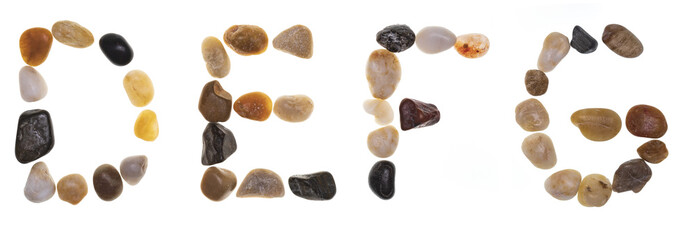 D E F G (alphabet) hand-made letters with stones (boulders, rolling stones). Typography Collection. Isolated on white background