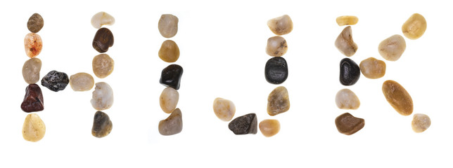 H I J K (alphabet) hand-made letters with stones (boulders, rolling stones). Typography Collection. Isolated on white background