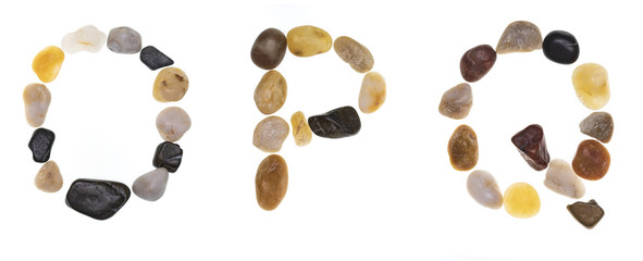 L M N (alphabet) hand-made letters with stones (boulders, rolling stones). Typography Collection. Isolated on white background