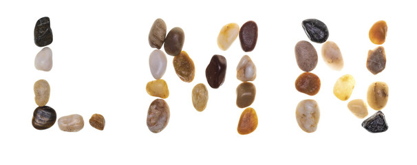 L M N (alphabet) hand-made letters with stones (boulders, rolling stones). Typography Collection. Isolated on white background