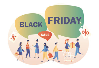 Black Friday Big Sale concept. Tiny people with shopping bags. Modern flat cartoon style. Vector illustration