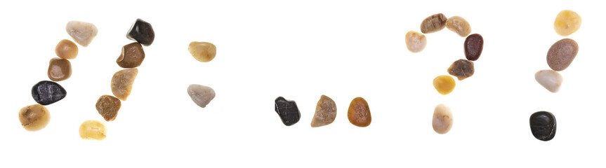 // : … ? ! (alphabet) hand-made numbers, letters and symbols with stones (boulders, rolling stones). Typography Collection. Isolated on white background
