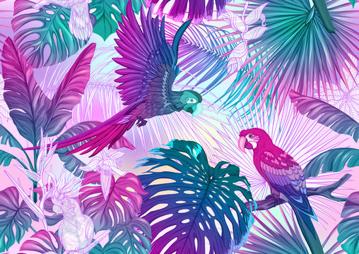 Tropical plants and flowers and birds. Seamless pattern, background. Colored and outline design. Vector illustration in neon, fluorescent colors on mesh background..