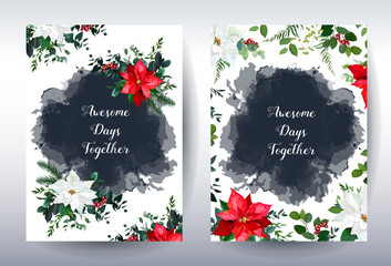 Christmas red and white poinsettia, emerald greenery, berry and watercolor navy splash