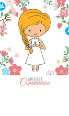 Communion Card Girl praying with flowers background