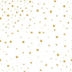 Seamless brilliant glitter pattern. Gold shiny Sparkles isolated on white background. Round sparkling random festive confetti. Trendy Vector stock illustration for design of the holidays, Christmas
