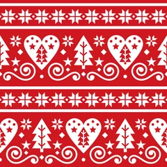 Behang Scandinavische folk folk naadloze vector patroon, repetitieve schattige Scandinavische bloemdessin met kerstbomen, sneeuwvlokken en harten in wit op rode achtergrond © redkoala