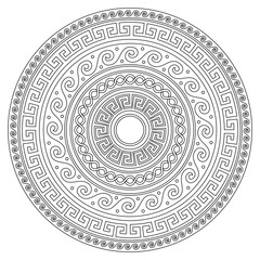 Ancient Greek round key mandala pattern with stroke - meander art in black and white perfect for adults coloring book