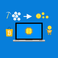 Cryptocurrency and Blockchain concept. Farm for mining bitcoins. Digital money market, investment, finance and trading. Can be used for workflow layout template, banner, marketing, infographics.