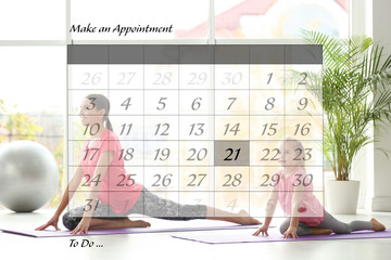 Double exposure of calendar and family doing yoga together at home