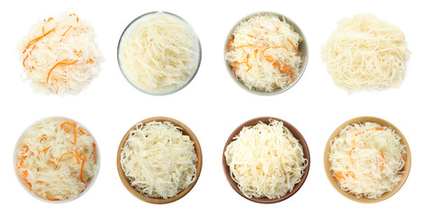 Set of tasty fermented cabbage isolated on white, top view - obrazy, fototapety, plakaty