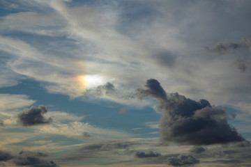 Dramatic cloudscape with low sun over the natural park in Corralejo in the Canary Islands,Las Palmas,Spain