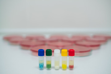 multi color capping of five cryotubes with the agar plate background 
