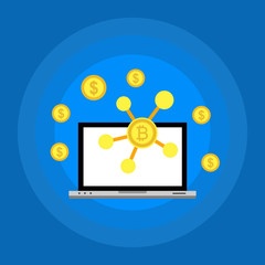 Cryptocurrency and Blockchain concept. Farm for mining bitcoins. Digital money market, investment, finance and trading. Perfect for web design, banner and presentation. vector illustration.