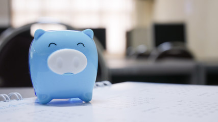 Clos up blue pig in save money concept.