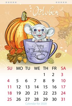 Calendar for the year 2020 of the white rat. Handwritten inscription of the month October. Decorative greeting card-happy thanksgiving. Image of a mouse in a Cup.