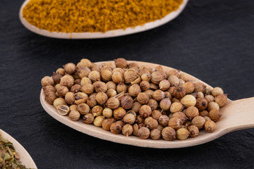Colourful various herbs and spices on dark background. Coriander spice