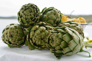 Obraz premium Bunch of fresh raw artichokes heads from artichoke plantation in Argolida, Greece ready to cook with lemon