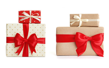 Christmas gift boxes decorated with ribbon bow on white background